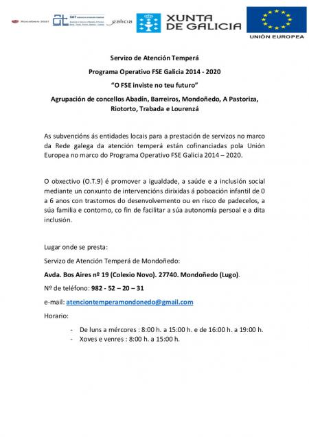 Servizo de Atención Temperá - Programa Operativo FSE Galicia 2014 - 2020 - “O FSE inviste no teu futuro”